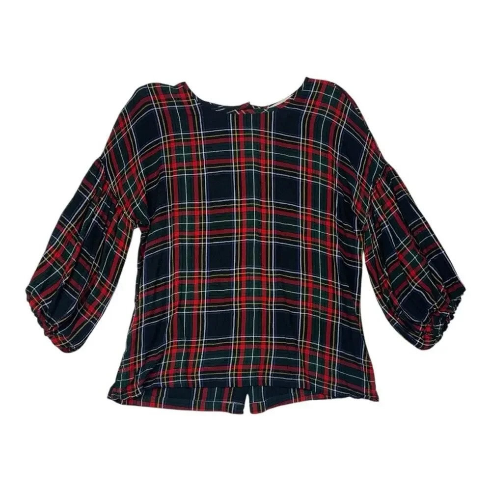 Loft size small red Plaid puff sleeve shirt button back holiday